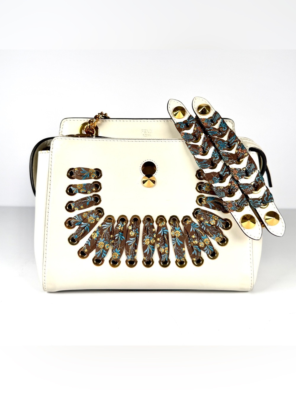 Fendi White Leather & Lace DotCom Chain Shoulder Bag Excellent Full Inclusion - Picture 2 of 15
